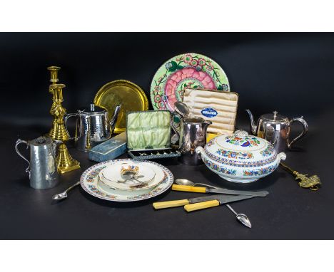 A Mixed Collection Of Metalware And Ceramics To include brass candlesticks with pushers, metal tea service, brass waiter, tab