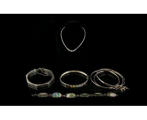 A Mixed Collection Of Silver Jewellery A varied lot to include contemporary rainbow set crystal bracelet, contemporary triple