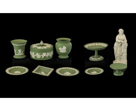 A Mixed Collection Of Wedgwood Green Jasperware To include comport, three circular dishes, diamond form dish, two small candl