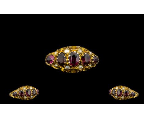 Edwardian Period - Ornate/Fancy 9ct Gold - Garnet And Pearl Set Dress Ring. In A Very Pleasing Design. Hallmark Birmingham 19