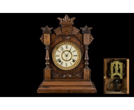 Ansonia Clock Company Stained Wood Mantle Clock of architectural form, chapter dial with Roman Numerals, back plate marked, S