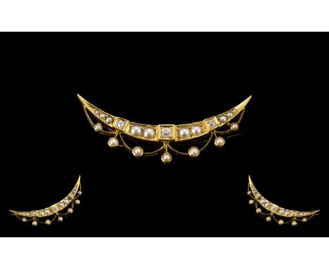 Antique Period 18ct Gold Crescent Shaped Tiara Diamond and Pearl Set Brooch of Pleasing Form. c.1880's. The Old Round Cut Dia