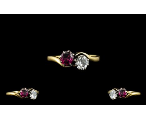 18ct Gold and Platinum Attractive Diamond and Ruby Set - Two Stone Diamond Ring. From The 1930's. Both Round Diamonds and Fir