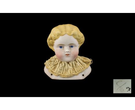 19th Century German Bisque Head Boudoir Doll Painted eyes and mouth, unmarked, impressed no 8 to back, apertures at base of n