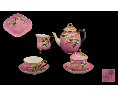 Royal Worcester Tea For One Set Circa 1874 Comprising quatrefoil, lobed  tray, single cup and saucer, covered sugar bowl teap