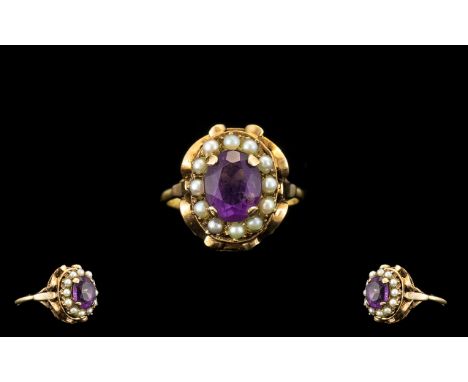 Ladies - Edwardian Period Attractive 9ct Gold Amethyst and Seed Pearl Dress Ring, Raised Setting. Marked 9ct. The Amethyst Su