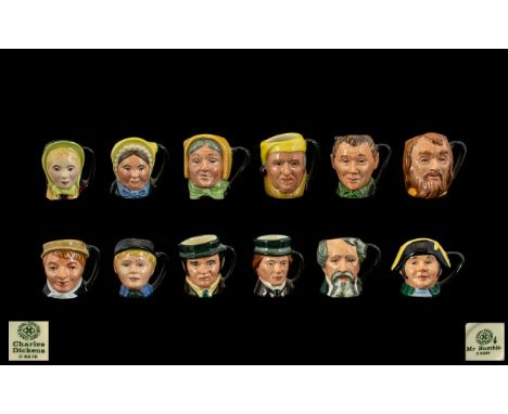 Complete Set of 12 Royal Doulton Tiny, Charles Dickens Series Character Jugs with Display Shelf. Comprises Charles Dickens, A