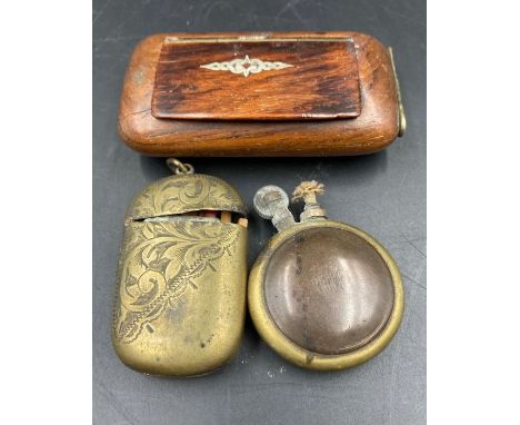 A Brass Vesta, A Trench Art Lighter and a wooden vesta/snuff box.