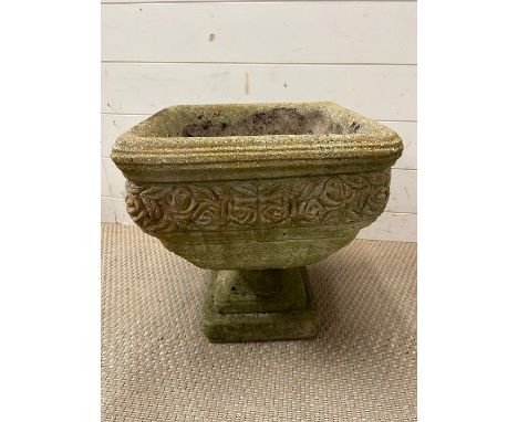 A garden square planter on base decorative with roses (H44cm Sq41cm)
