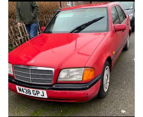 A 1994 Mercedes C180 1.8 petrol manual, last mot mileage 118.532, starts and runs, has flat battery, Garage find. Reg: M438GP