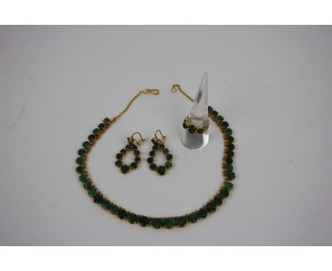 Emerald Neckless, pair of earrings and a ring, the neckless set with a graduated line of circular emeralds. L39cm, together w