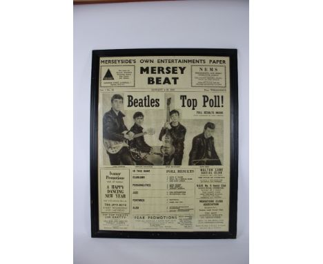A Mersey Beat Vintage Poster , featuring "Beatles Top Poll" , framed and glazed , H87cm x W66cm.