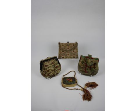 Mid 20th Century three Tapestry Handbags and a Compact four items in total, one handbag by marked Alfred Dunhill, Condition i