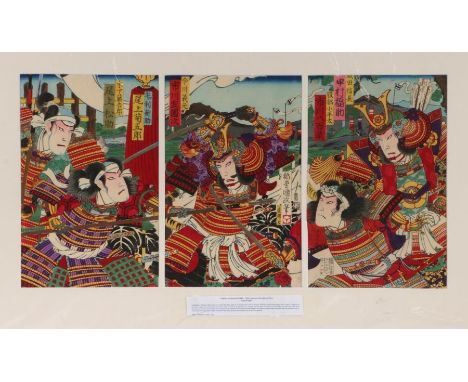 Utagawa&nbsp;Kunisada III&nbsp;(1848–1920) triptych, woodblock print, Swordfight, 69cm x 34cm mounted&nbsp;