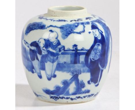 A Chinese porcelain ginger jar, Kangxi mark but later, decorated in blue and white as a figural scene, 13.5cm high