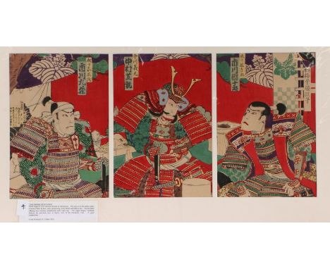 Utagawa&nbsp;Kunisada III&nbsp;(1848&ndash;1920) triptych, woodblock print, Three Samurai, 69cm x 32cm mounted&nbsp;