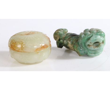 A Chinese jade dragon, curled mane and tail, three of the four legs absent, together with a pot and cover with four character