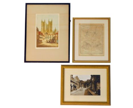 R.F. King (20thC). Lincoln Cathedral, artist signed coloured etching, 30cm x 19.5cm, framed map Lincolnshire, and framed phot