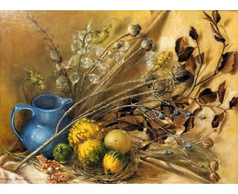 Margaret Barrable (20thC). Fruits still life, oil on board, signed, 44cm x 59cm.