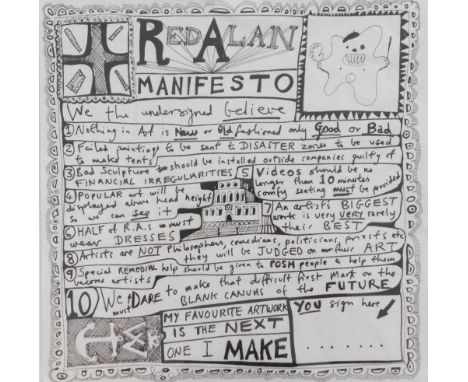 Grayson Perry (b.1960). Red Alan Manifesto, Impression paper napkin, 32.5cm x 32.5cm.