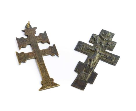 An Orthodox Bronze Crucifix, in 14th century style, cast with Christ, the reverse with engraved inscriptions14cm highA Simila