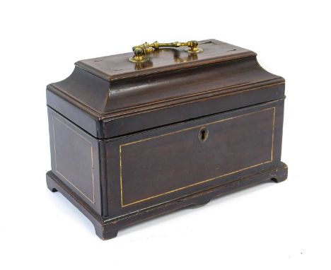 A George III Brass-Strung Mahogany Tea Caddy, of rectangular form, with cavetto-moulded hinged top with swing handle enclosin