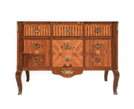 An Early 20th Century Tulipwood, Parquetry and Marquetry-Inlaid Commode, in Louis XVI style, the modern white and pink marble