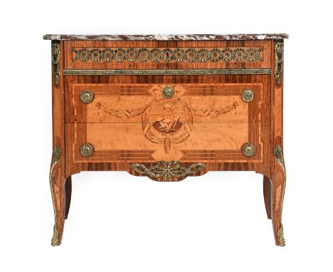 A 20th Century Tulipwood, Satinwood and Marquetry Decorated Commode, in Louis XVI style, the red and white marble top above a