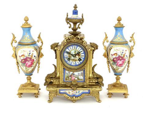 A Gilt Metal and Porcelain Mounted Striking Mantel Clock with Garniture, circa 1890, case with blue porcelain figural and flo