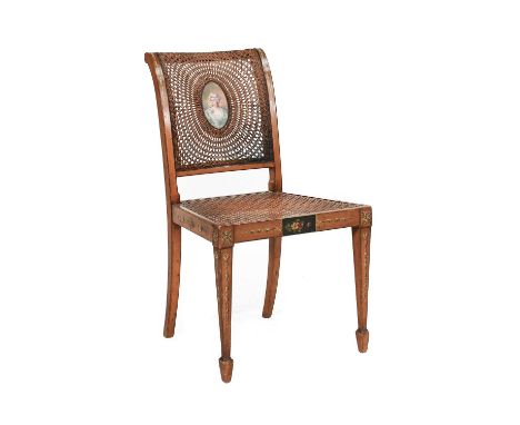 A Satinwood and Polychrome Painted Side Chair, late 19th century, in the Neo-Classical style, the cane back support painted w