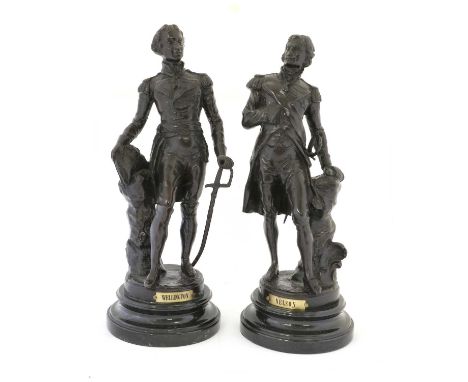 After Sylvain Kinsburger (1855-1935): A Pair of Bronze Figures of Nelson and Wellington, each standing wearing military attir