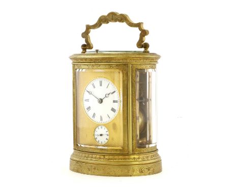 A Brass Oval Shaped Strike and Repeat Alarm Carriage Clock, circa 1880, case elaborately engraved throughout with scroll deco