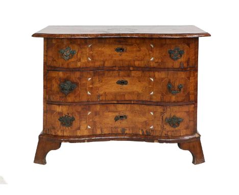 A Mid 18th Century Italian Walnut Serpentine Commode, the crossbanded and featherbanded top inlaid with marquetry scrolls abo