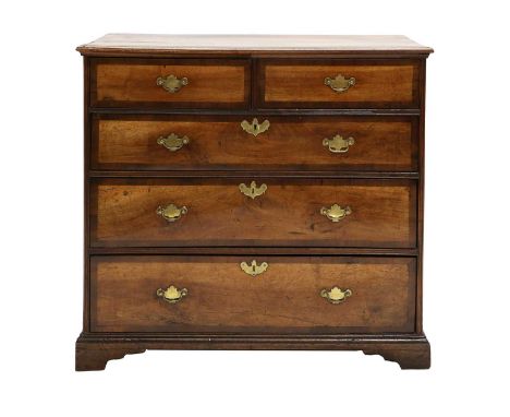 A George II Walnut, Crossbanded and Pine-Lined Straight-Front Chest of Drawers, 2nd quarter 18th century, the moulded top abo