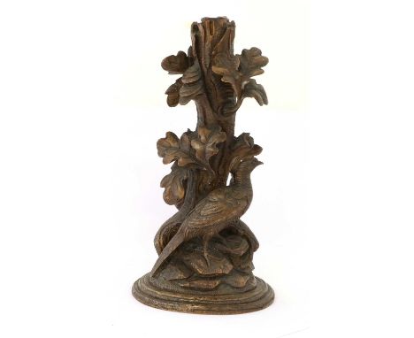 A Black Forest Type Carved Wood Centrepiece, 2nd half 19th century, as a leafy oak trunk with two pheasants at its base, on a