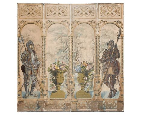 An Imposing Four-Leaf Room Divider, late 19th/early 20th century, each leaf decorated with silk and gold needlework, two pane
