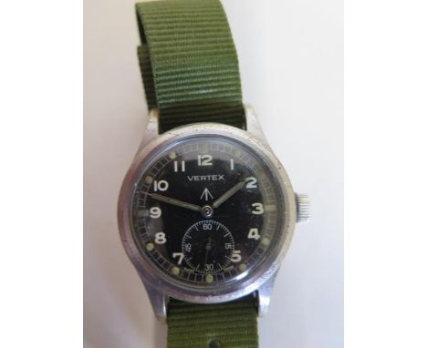 A Vertex chrome cased 'Dirty Dozen' military watch with black dial and subsidiary second dial at 6 o'clock - the back stamped