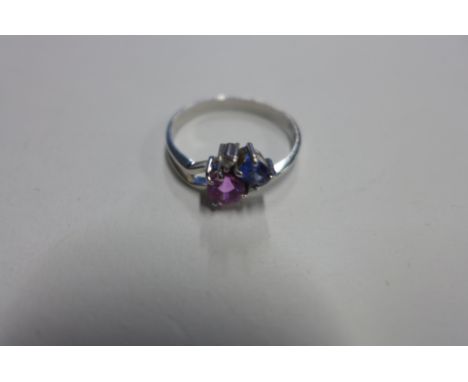 A blue and pink sapphire diamond ring, in 14ct white gold, ring stamped 585, tested as 14ct gold, size O, very light usage ma