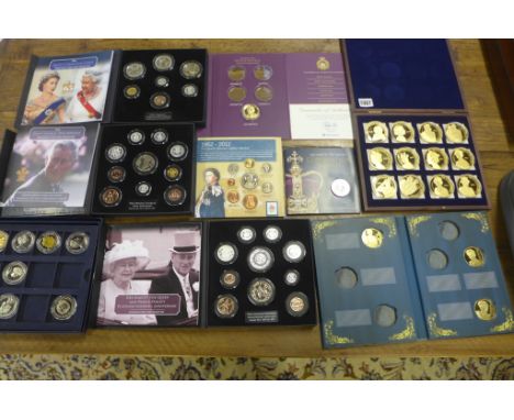 A collection of Royal commemorative stamp and coin sets and other commemorative coins, all cu plated and part sets 