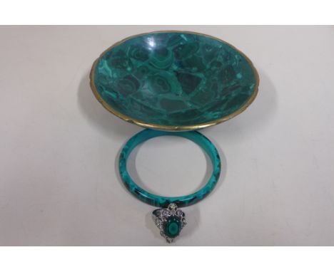 A Malachite dish 15cm wide a Malachite bangle and a Malachite white metal ring by Karis 
