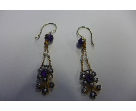 A pair of 9ct tested Edwardian amethyst diamond and pearl drop earrings, with loop fasteners, weight approx 4 grams, total le