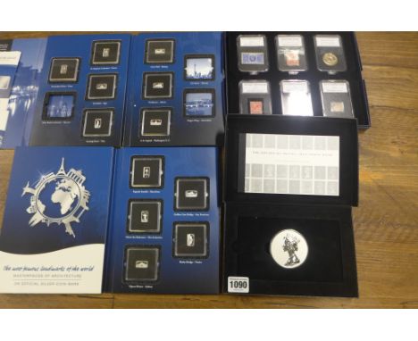 A Machin Definitive 50 anniversary silver coin, 3 troy oz, and stamps, two landmarks of the world silver ingot sets, one is p