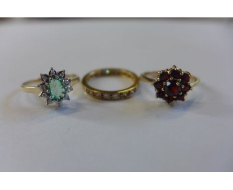 Two hallmarked 9ct gold rings, and a gold eternity ring, total weight approx 6 grams, sizes L 