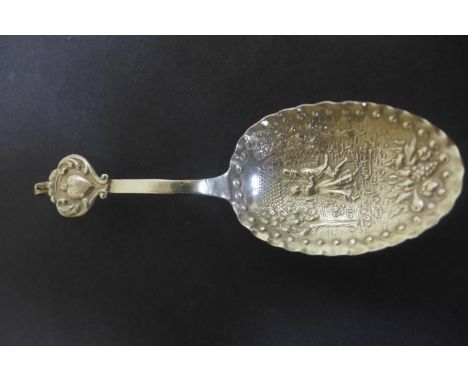 A large caddy spoon with continental hallmarks and later English hallmarks, London 1896 sponsor Edwin Thompson-Bryant, very c