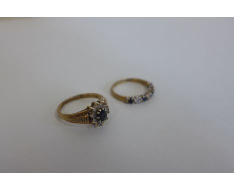 Two 9ct hallmarked gold diamond and sapphire rings, sizes K and M, approx 4.3 grams 