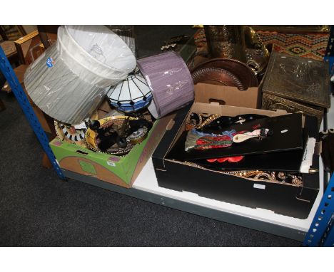 A box containing contemporary lamps and lamp shades, Tiffany style lamp, pottery plates etc, together with another box contai