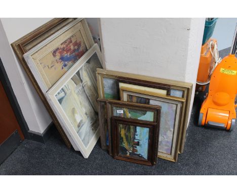 A collection of oil paintings, pictures, oils on board, gilt framed print, etc (Q)