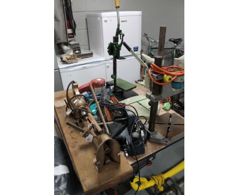 A small collection of desk top power tools, bench top drill, two presses, small desktop grinder, desktop lathe, etc 