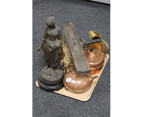 A tray of antique and later brass, copper, Spelter lady figure, cribbage board etc