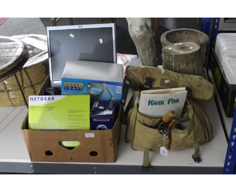 A fishing bag containing various fishing tackle, together with a box containing boxed router, HP monitor, table lamp etc